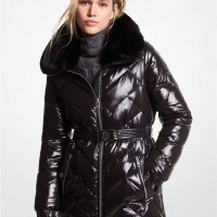 Жіночий Пуховик (Faux Fur Trim Chevron Quilted Nylon Belted Puffer Coat) 61110-05 Чорний