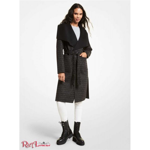 Женское Пальто MICHAEL KORS (Wool Blend Logo Jacquard Wrap Coat) 61102-05 Черный