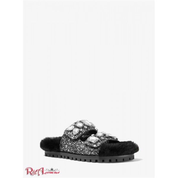 Женские Сандалии MICHAEL KORS (Stark Embellished Glitter and Faux Fur Slide Sandal) 65286-05 черный/серебристый