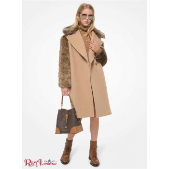 Жіноче Пальто (Faux Fur Trim Felted Wool Cocoon Coat) 65069-05 темний верблюд