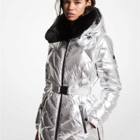 Жіночий Пуховик (Faux Fur Trim Chevron Quilted Nylon Belted Puffer Coat) 61109-05 Срібний